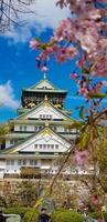 foto da paisagem do castelo de osaka na primavera, onde ainda há algumas flores de cerejeira ainda em flor.