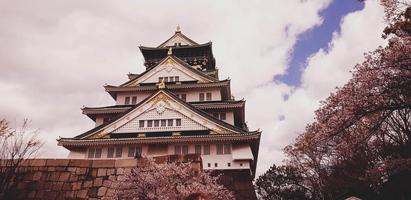 foto da paisagem do castelo de osaka na primavera, onde ainda há algumas flores de cerejeira ainda em flor.