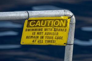 cuidado nadando com sinal amarelo de tubarões foto