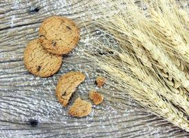 biscoito redondo de chocolate com migalhas e planta de cevada seca no fundo da mesa de madeira foto