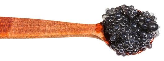 caviar tingido de preto salgado de alabote em colher de madeira foto