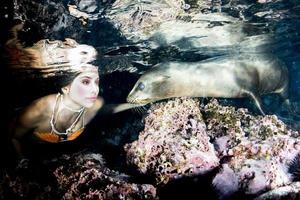 bela sereia nadando debaixo d'água no mar azul profundo com um leão-marinho foto