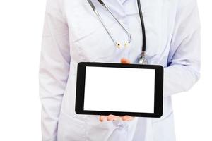 enfermeira segura tablet pc com tela em branco foto
