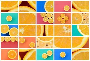 uma colagem de muitas fotos com laranjas suculentas. conjunto de imagens com frutas e cores diferentes