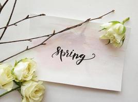 sinal de primavera com flores brancas foto
