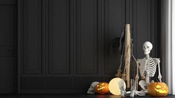 cartaz de festa de halloween em um quarto de casa assombrada clássico moderno com abóboras jack-o'-lantern. lâmpadas de lua cheia, caldeirões de bruxas, teias de aranha e caveiras no chão. ilustração de renderização 3D foto