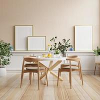 mock up cartaz em design de interiores de sala de jantar moderna com parede vazia de cor creme. renderização de ilustração 3D foto