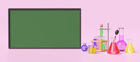 3d quadro-negro verde com copo, tubo de ensaio, kit de experimentos científicos, espaço isolado no fundo rosa. conceito de educação inovadora online de quarto, ilustração de renderização 3d foto