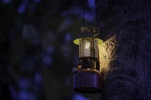 lâmpada de óleo vintage pendurada em uma árvore na floresta na atmosfera de acampamento à noite, viajar conceito ao ar livre foto