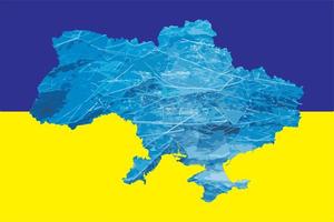 mapa de contorno da ucrânia com a imagem da bandeira nacional. gelo dentro do mapa. ilustração de colagem. crise de energia. foto