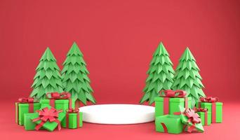 3d renderização feliz natal e pódio branco sobre fundo vermelho, ilustração 3d conceito festival de natal foto