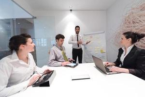 pessoas de negócios grupo brainstorming e tomar notas para flip board foto