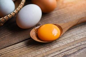 gema de ovo fresca na colher de pau com ovos de galinha e ovos de pato coletados de produtos agrícolas naturais em um conceito de alimentação saudável de cesta foto