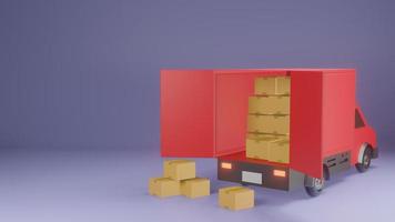 pacote e entrega. pilha de caixas e caminhonete vermelha sobre fundo roxo. 3d foto