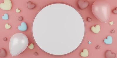 balões de corações pastel conceito dia dos namorados com pedestal e pano de fundo redondo no fundo rosa. renderização 3D. foto