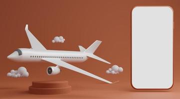 pedestal redondo do lado da maquete de tela branca do smartphone vazio com avião. conceito de serviços de transporte e logística. renderização 3D. foto