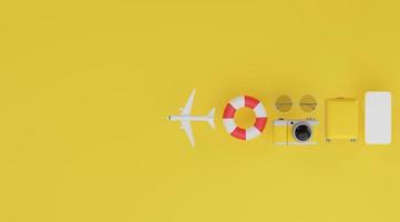 feliz ano novo maquete móvel de tela branca, anel de borracha de natação, avião, bagagem, câmera e óculos de sol sobre o conceito de viagens de fundo amarelo. renderização em 3D foto