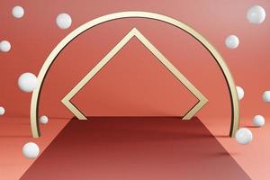 cenário de anel dourado com decoração de bola branca no tapete vermelho. renderização 3D foto