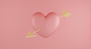 conceito de dia dos namorados, balões de corações rosa com seta de ouro no fundo rosa. renderização 3D. foto