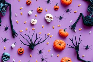 Ilustração 3d padrão sem costura de decoração de halloween em fundo roxo pastel fla com grande esqueleto preto foto