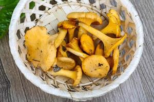 chanterelle em uma cesta em fundo de madeira foto