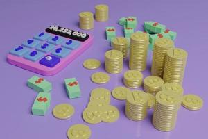 calculadora, bitcoin, dólar americano empilhado em fundo roxo, ilustração de renderização 3d com luzes suaves. foto