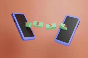 dois telefones celulares flutuando com notas de dólar sendo transferidas. ilustração de renderização laranja brilhante background.3d com luzes suaves. foto