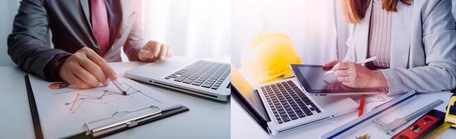 dois colegas discutindo dados de trabalho e tablet, laptop com projeto arquitetônico no canteiro de obras na mesa no escritório foto