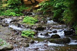 imagem aproximada de uma pequena cachoeira selvagem na forma de pequenos riachos de água entre as pedras da montanha foto