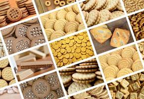 uma colagem de muitas fotos com vários close-up de doces. um conjunto de imagens com variedades de biscoitos, bagels e doces