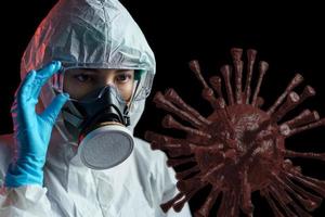 médica de mulheres em traje de proteção branco hazmat, óculos de proteção e máscara respiratória à procura de vírus epidêmico, renderização em 3d. foto