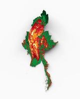 mapa de birmânia mianmar com as cores da bandeira vermelho verde e amarelo sombreado mapa de relevo ilustração 3d foto