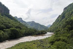 rio sujo visto através da ravina huentitan em guadalajara, vegetação verde, árvores, plantas e montanhas, méxico foto