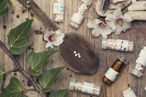 garrafas com glóbulos de homeopatia e colher foto