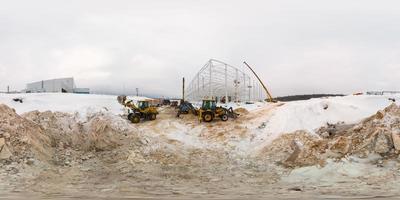 panorama esférico de 360 graus sem costura na projeção equirretangular do processo de construção industrial de inverno foto