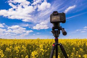 câmera sem espelho profissional moderna no tripé atirando em campo amarelo no tripé, closeup foto