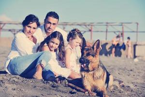 família feliz brincando com cachorro na praia foto