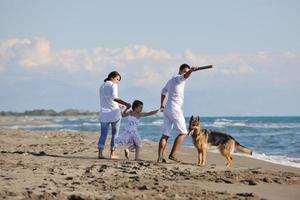 família feliz brincando com cachorro na praia foto