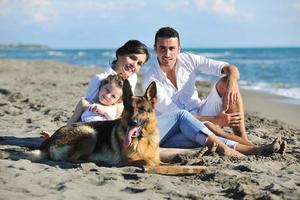 família feliz brincando com cachorro na praia foto