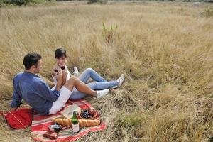 casal feliz desfrutando de piquenique no campo em grama longa
