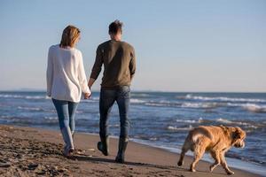 casal com cachorro se divertindo na praia no dia de autmun foto