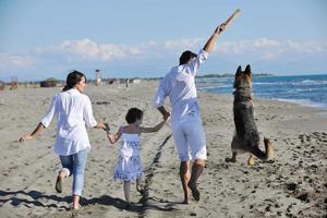 família feliz brincando com cachorro na praia foto