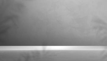 exibir 3d passo na sala de estúdio com fundo de parede cinza, maquete de pódio cinza cimento texturizado com sombra de folha de palmeira, pano de fundo vetorial de design de loft de concreto cinza para apresentação de produtos em promoção foto