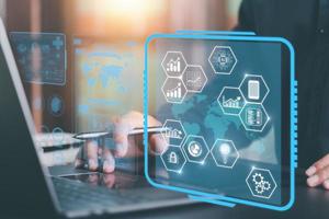 painel de controle virtual de gerenciamento de engenharia e processos de negócios, conceitos inovadores e automação, tecnologia de software e gerenciamento de processos na indústria, tecnologia de otimização de produção foto