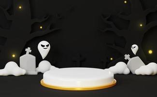 3d fundo de halloween, pódio de palco, estúdio redondo para vendas, produto de show de pódio em fundo preto. renderização em 3D foto