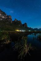 galáxia da via láctea e estrelas no céu noturno do parque nacional khao sam roi yod, tailândia foto