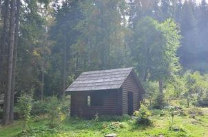 pequena casa natural, construída em madeira. o prédio está localizado na floresta foto