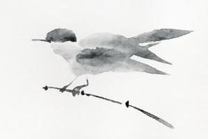 pássaro em galho de junco desenhado à mão por tinta cinza foto