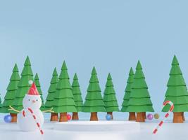 pódio 3d com árvore, boneco de neve chrismas foto