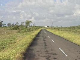 a vista da estrada com uma bela grama que se estende ao longo da beira da estrada e nuvens brancas cobrindo foto